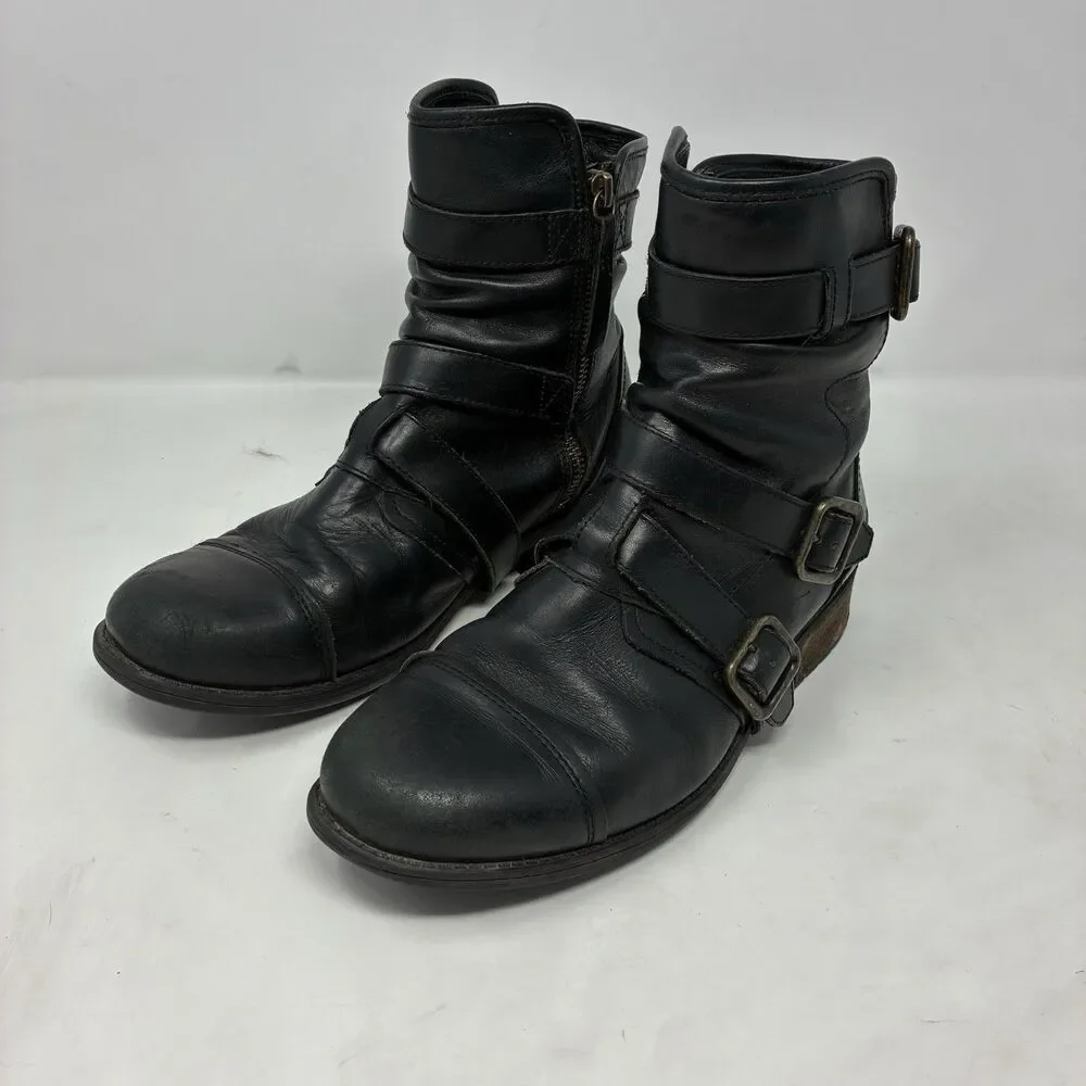UGG Finney Black Suede 3 Buckle Strap Motorcycle Cap Toe & Zip Mid Calf Boots 8